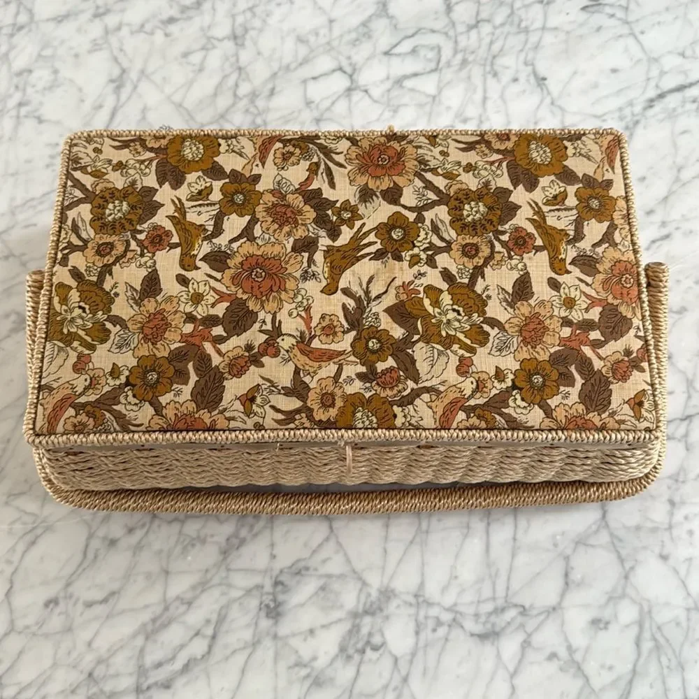 Vintage 1960s Floral Bird Embroidered Made in Japan Wicker Sewing Basket Box